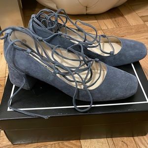 Grey suede lace up flat with block heel
